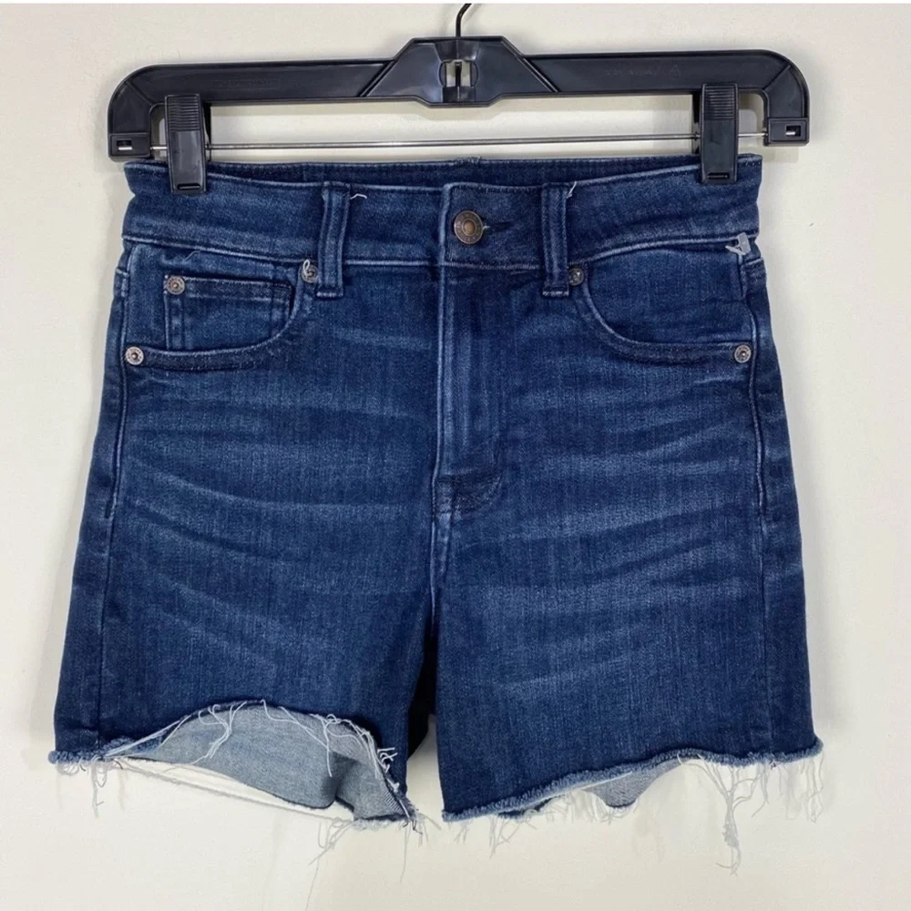 American Eagle Outfitters Super Hi Rise Shortie Raw Hem Denim Jean Shorts size 4
